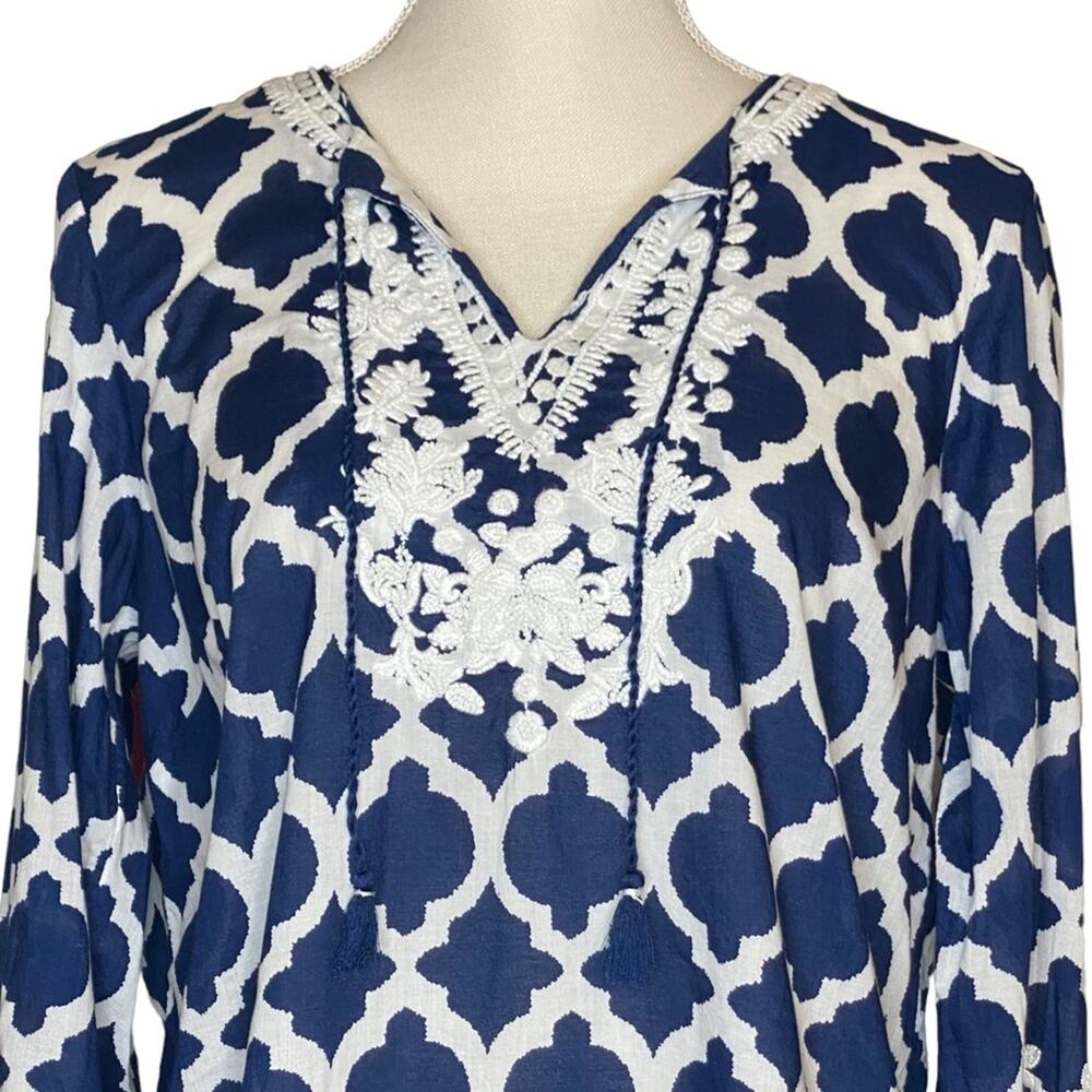 Navy& White Talbots Cotton Bohemian Tunic w/ Embroidery on Neckline & Sleeves Mp - Picture 2 of 8